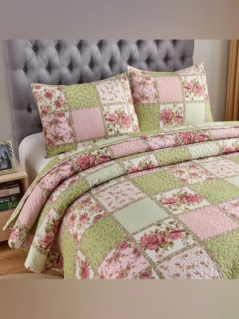 Vintage Rose Reversible Quilt Set, Bedspread, patchwork floral cottagecore JML